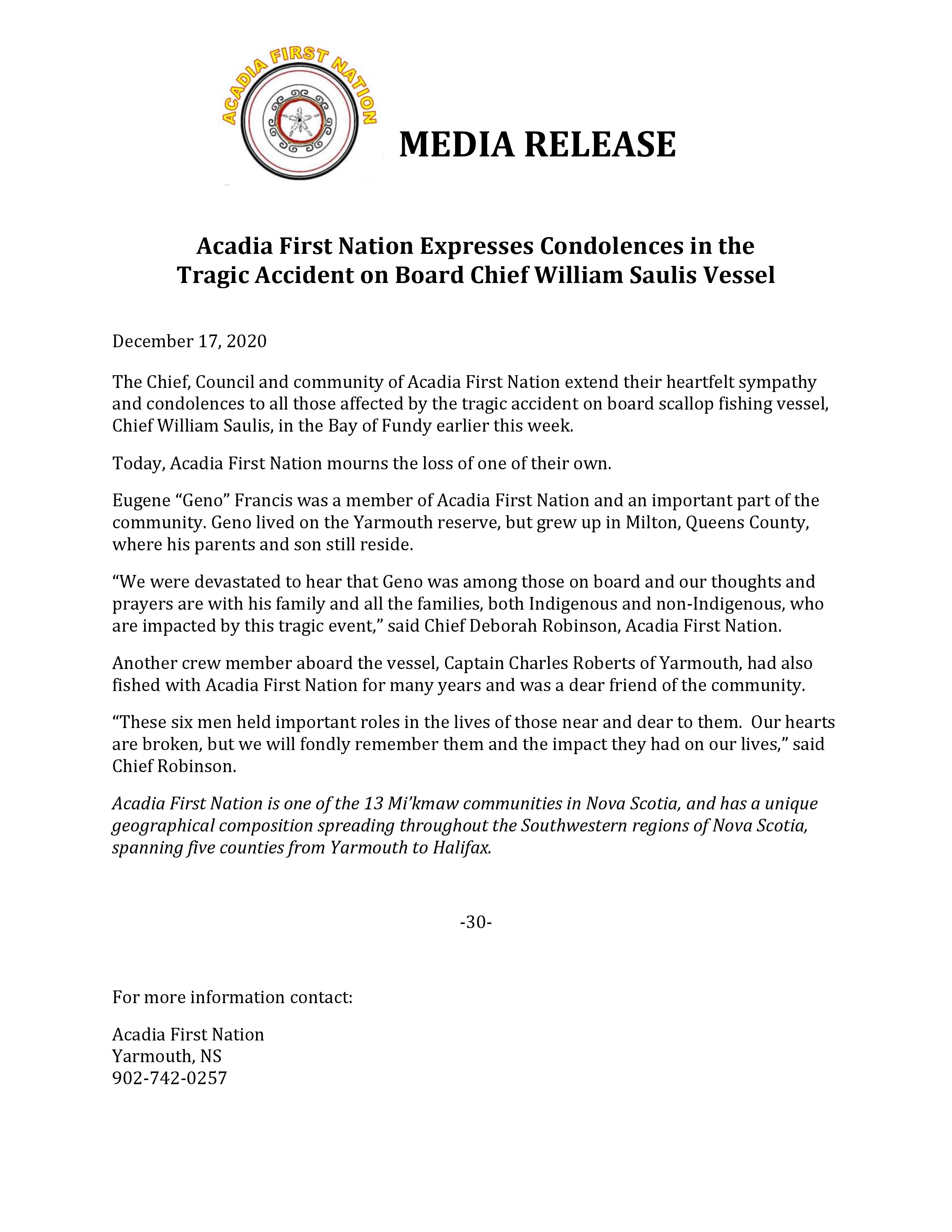 Media Release Acadia First Nation Expresses Condolences 17 Dec 2020