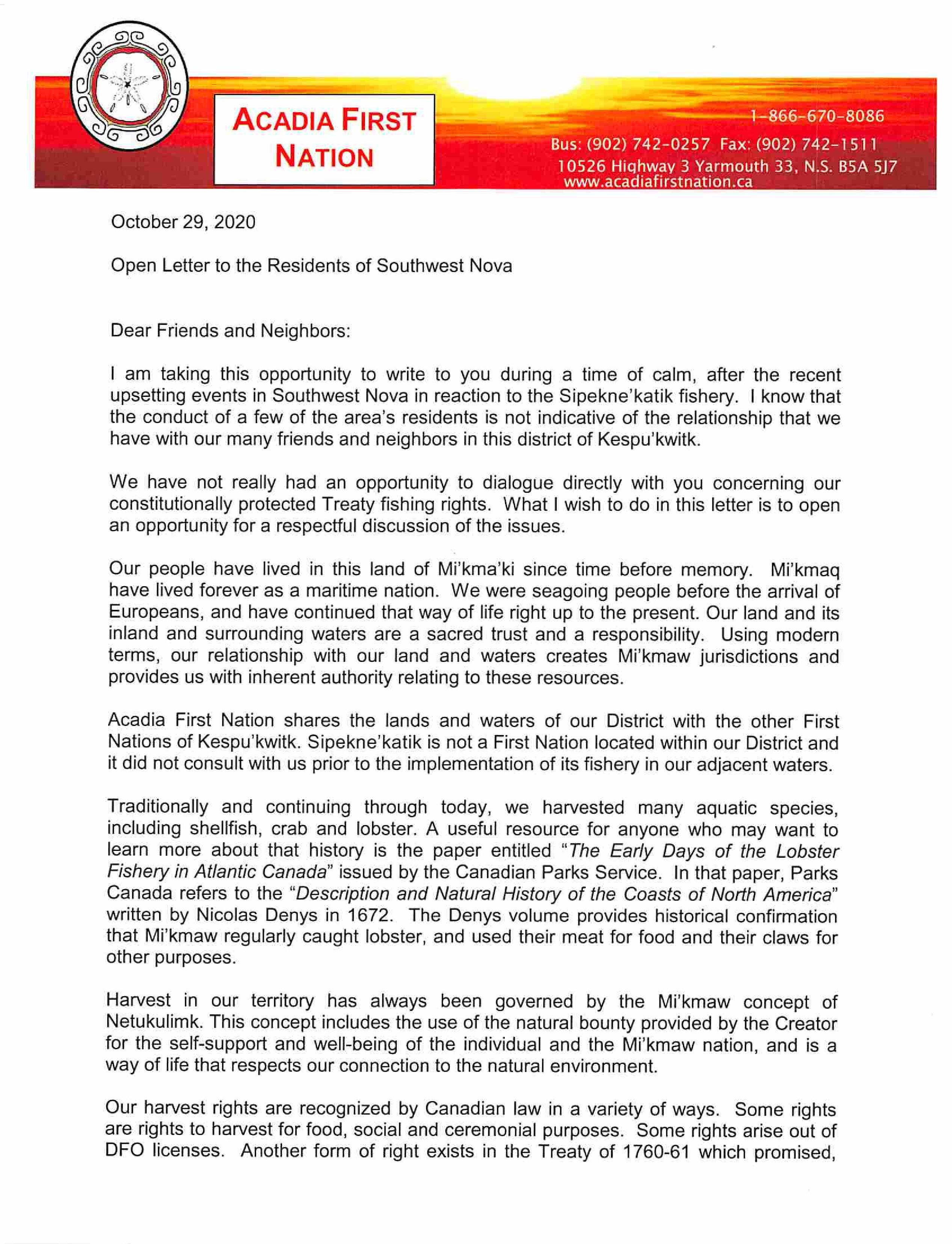Open Letter from Acadia First Nation page 001